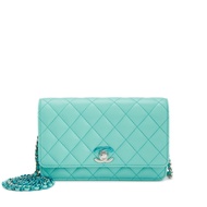 Chanel Turquoise Blue Quilted Lambskin Classic Wallet On Chain WOC Two Tone Blue and Silver Hardware