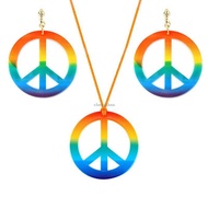 CH*【READY STOCK】 Hippie Costume Jewelry Set 60s 70s Rainbow Peace Sign Pendant Necklace Earrings