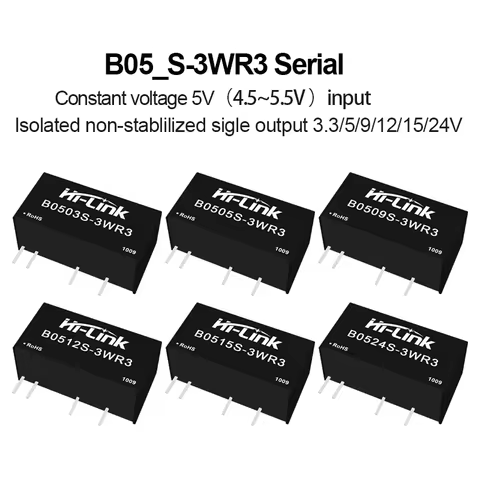 4.5~5.5V Hi-Link 3W 3.3V/5V/9V/12V/15V/24V B0503S-3WR3 B0505S-3WR3 B0512S-3WR3 B0524S-3WR3 DC-DC Pow