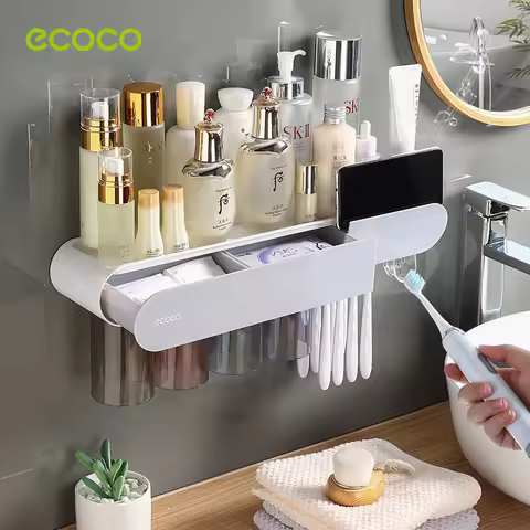 ECOCO Magnetic Adsorption Inverted Toothbrush Holder Automatic Toothpaste Squeezer Dispenser Storage