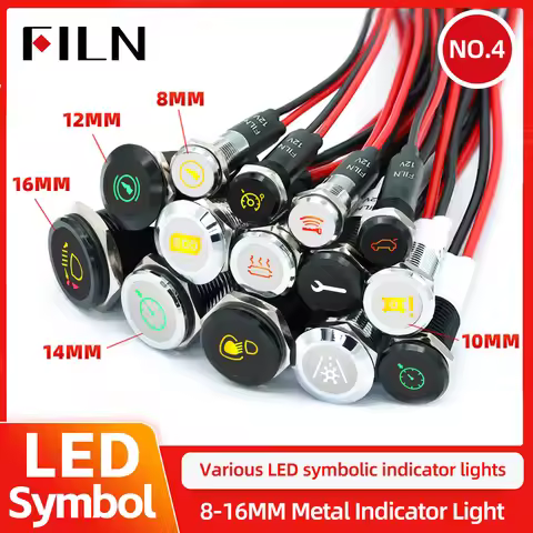 FILN Symbol Led 12V 24V Dash Pilot Light Metal Indicator With Wire 8/10/12/14/16mm For Car Dashboard