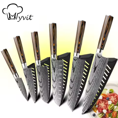 MYVIT Kitchen Knife Set 1-9PCS,7Cr17Mov Stainless Steel Sharp Chef Knife Santoku Knife Fruit knife E