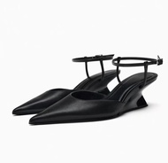 Spain NEW ZARAˉ 2024 Autumn New Womens Shoes Black Sheep Leather Wedge Mueller Shoes Pointed Toe Sha