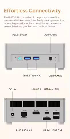 MINISFORUM UM870 AMD Ryzen 7 8745H Mini PC 2*DDR5 2*M.2 2280 SSD Window 11 Pro WiFi6E BT5.3 USB4.0 D