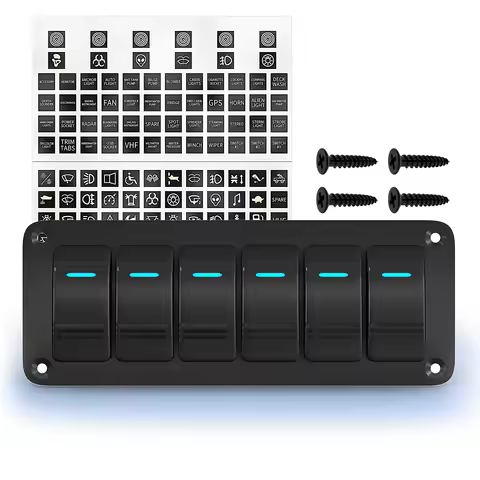 6 Gang Rocker Switch Panel 12V Marine Boat Switch Panel Waterproof 12 Volt Blue LED Light Toggle Swi