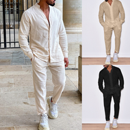2023 kasual Long Sleeve Shirt dan seluar set lelaki Linen kapas pepejal Tops Leisure Tees seluar Suit set fesyen Tracksuit lelaki