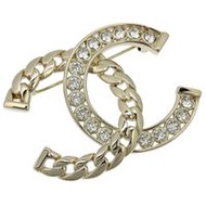 二手 CHANEL Coco Mark 胸針 ABD111 B16035，金屬材質，鑲有水鑽，香檳金色，約 18 克，適合女士。