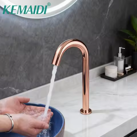 KEMAIDI Rose Gold Touchless Sensor Bathroom Sink Faucet Hands-Free Vessel Tap with High Arc Spout Ba
