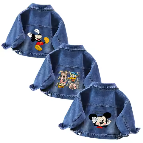 Spring Autumn Denim Jacket for Baby Boys Girls Mickey Minnie Mouse Print Kids Outerwear 2-9 Years Ol