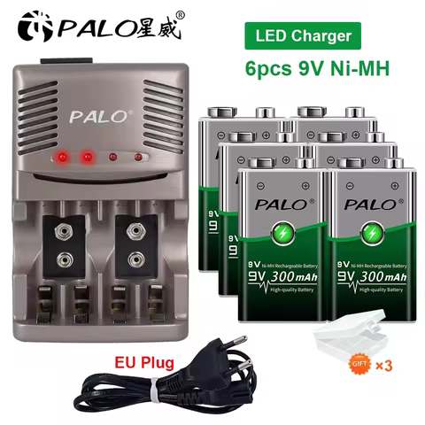 PALO 9V NI-MH Rechargeable Battery 6F22 9V Batteries 9 voltage With LED Charger for 1.2V AA AAA 9V N