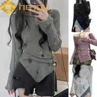 HEJOU Long Sleeves T-shirt, Broken Hole Knitted Y2K Hollow Pullovers Top, Casual Streetwear Baddie S
