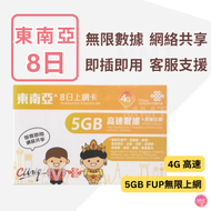 中國聯通 - 東南亞【8日 5GB FUP】4G/3G 高速無限數據上網卡 旅行電話卡 Data Sim咭(澳門,新加坡,泰國,馬來西亞,老撾,印尼,菲律賓,柬埔寨,越南,斯里蘭卡)