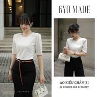 GYOMADE polka dot shirt with round neck and half sleeves, soft 2-layer silk, elegant form-fitting sh