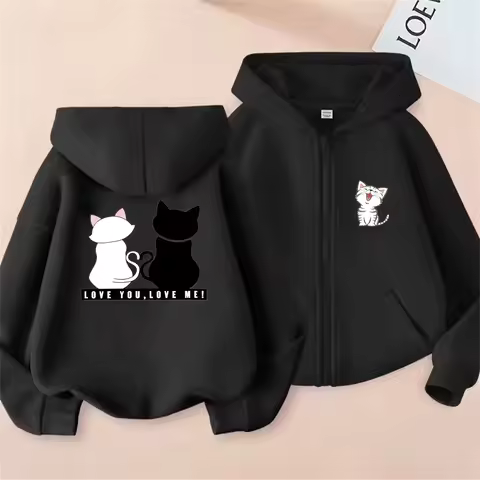 Love You Love Me Cute Cat Children Zipper Style Hoodies Tops Boys Coat Girls Age 3-12 Leisure Kids A