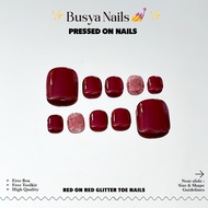 Busya Nails - Red on Red Glitter Toe Nails Pressed On Nails Gel Free Toolkit False Nails