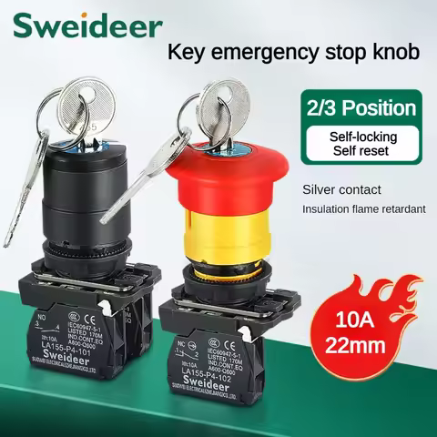 XB4 22mm Key Select Knob Switch 2/3 Position Self Locking Momentary Self Reset Key Emergency Stop Po