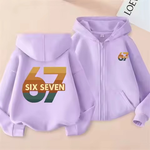 Versatile 67 Kids Zip Hoodie Comfortable Cotton Sweatshirt Boys Girls Cartoon Print Autumn Winter To