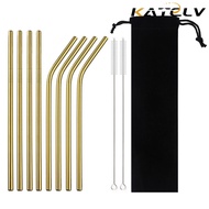 KATELV 18/10 Stainless Steel Straw Set Reusable Metal Straws Gold Drinking Straight/Bent Straw Coffee Party Bar Straw With Cleaner Brush Portable Bag
