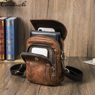 CONTACTS Genuine Leather Retro Men Bag Phone Crossbody Shoulder Bag Zipper Pocket Waist Belt Bag for