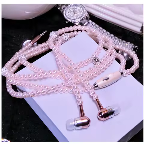 Pearl Necklace Earphones Pink rhinestone Jewelry Headphones With Microphone Earbuds for iPhone 14 Xi