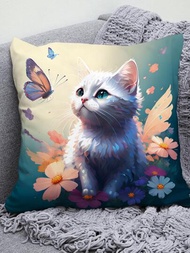 1入組貓和花卉印花靠墊套無填充物可愛絨布抱枕套適用於沙發、客廳