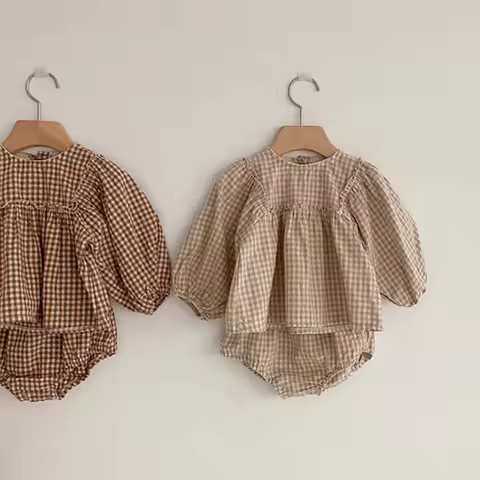 Baby Girls Suit 2022 Baby Girls Clothes Little Plaid Infant Girls Clothes Set Puff Sleeve Blouse + B