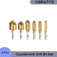 Countersink Drill Bit Set 6 Pcs 1/4'' Hex Shank 5 Flute Countersink 6mm-19mm For Wooden Planks Fiberboard Particle Board Plywood