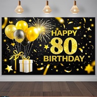 Happy 80th Birthday Party Banner Backdrop Black and Gold Eighty Birthday Party Decorations Photograp