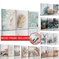 （With Frame）Large Size 50x70cm Frame 3PCS Nature Landscape Poster Dry Reed Mountain Range River Canv