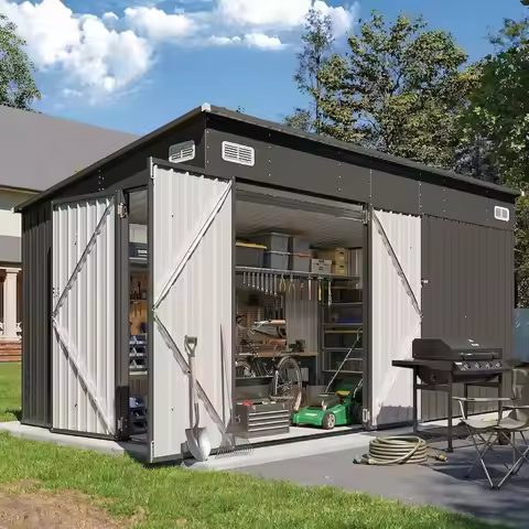 Outdoor Storage Shed 8x12 ft Triple Wide Door Galvanized Steel Lean to Utility Shed Metal Black