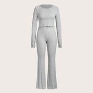 Leisure Comfortable Rayon Solid Lettuce Thumb Hole Crop Top & Flare Leg Pants Women Lounge Set, Mela