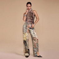 Vintage Y2K Baddie Animal Print Hippie Pattern Slim Straight Leg Women Super Low Waist Jeans