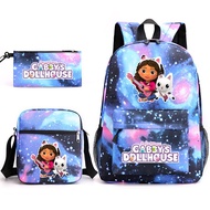 Gabby's Dollhouse Three-piece Schoolbag Male and Female Students Leisure Bag Printing Large-capacity Outdoor Backpack Sports Backpack Lightening Zipper Shoulders Outdoor Bag