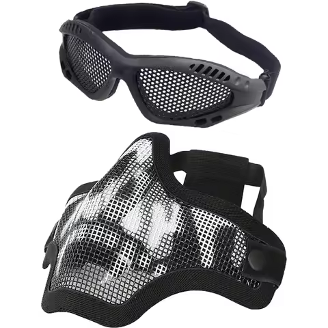 Tactical Airsoft Mask and Goggles Set | Half Face Skull Mesh Mask with Airsoft Eyeglasses for Outdoo