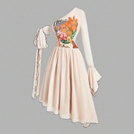 Vintage Floral Asymmetrical One-Shoulder Ruffle Trim Tie Bow Casual Bohemian Dress - 70s Inspired, S