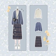 Set 59 - 3in1 OOTD One Set Korean Style Cardigan Denim Rok Tartan Manset Putih Setelan Wanita casual