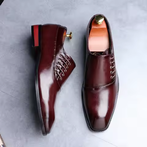 Men Leather Shoes New Style Formal Dress Wedding Shoes Red Wine British Style Business Office Lace-U