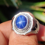 BAYAR DI TEMPAT Cincin Titanium Tanam Silver Batu Akik Permata Blue Safir Sapphire 6 Rays Star Mewah