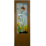 ประตู UPVC กระจกเพ้นลายปลา 2 ตัว พร้อมวงกบ U04 70cm.x200cm. สีสักทอง ไม่เจาะ OK#ประตูไม้ราคาถูก #ประ