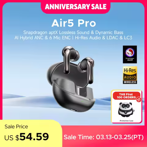 SOUNDPEATS Air5 Pro Wireless Earphones 55 dB Adaptive Hybrid ANC Bluetooth 5.4 Earbuds, Hi-Res LDAC 