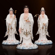 ST/💛Auspicious Ceramic Western Trinity Buddha Ornament Home Worship Stand Statue Ornaments
