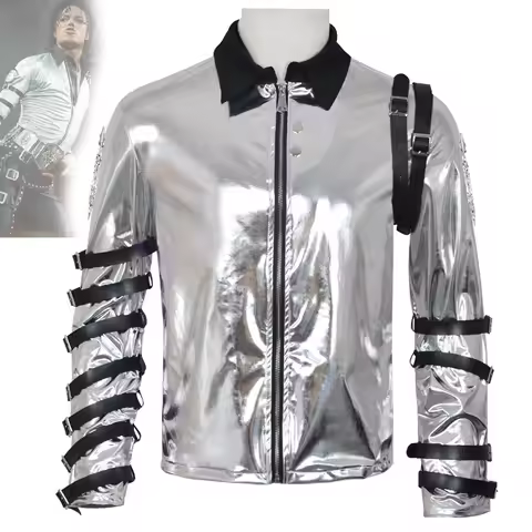 MJ Michael Jackson cosplay costume, Michael performance costume, silver leather jacket, Halloween st