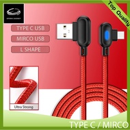 Gaming Cable LED L Shape Type C Mirco USB 1 Meter / 2 Meter Long Cable powerBank Cable