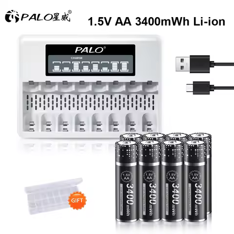 High Capacity 3400mWh 1.5V AA Li-ion Rechargeable Battery AA Lithium Battery R6 Batteries with 8 Slo