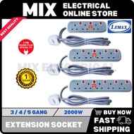 LEMAX 3 4 5 Gang Extension Socket [2M/5M Wire] 3 Pin Extension [SIRIM Plug Top] (Grey) 2000W Trailing Socket Light