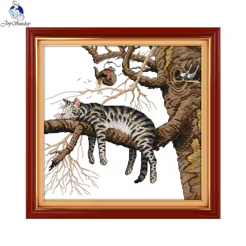 Joy Sunday Cross Stitch Set A Lazy Cat DIY Kit Embroidery Needlework Craft Packages Cotton Fabric Ha