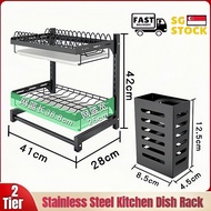 [SG Seller]2 Tier Black Dish Rack - Stainless Steel Kitchen Dish Rack with Chopsticks Cage