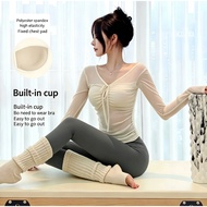 Women Long Sleeve Yoga Top With Built In Bra Padded Mesh Patchwork 2 in 1 Pilates Workout Shirt Quic