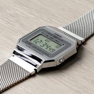 手 CASIO A700WM-7A 復古金屬方塊條紋鋼帶防水電子