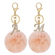 New 26 Letter Rhinestone Alloy Keychain Charm Girls Pink Pompom Key Ring Car Key Holder Women Bag Or